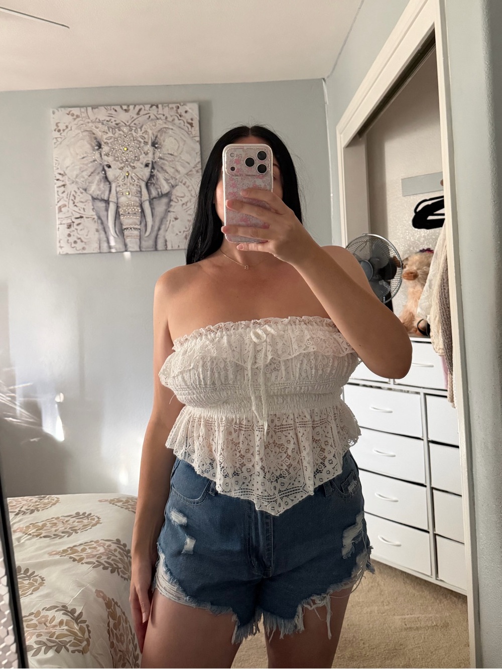 White Lace Crochet Embroidery Ruffle Trim Peplum Smocked Strapless Tube Top XS S